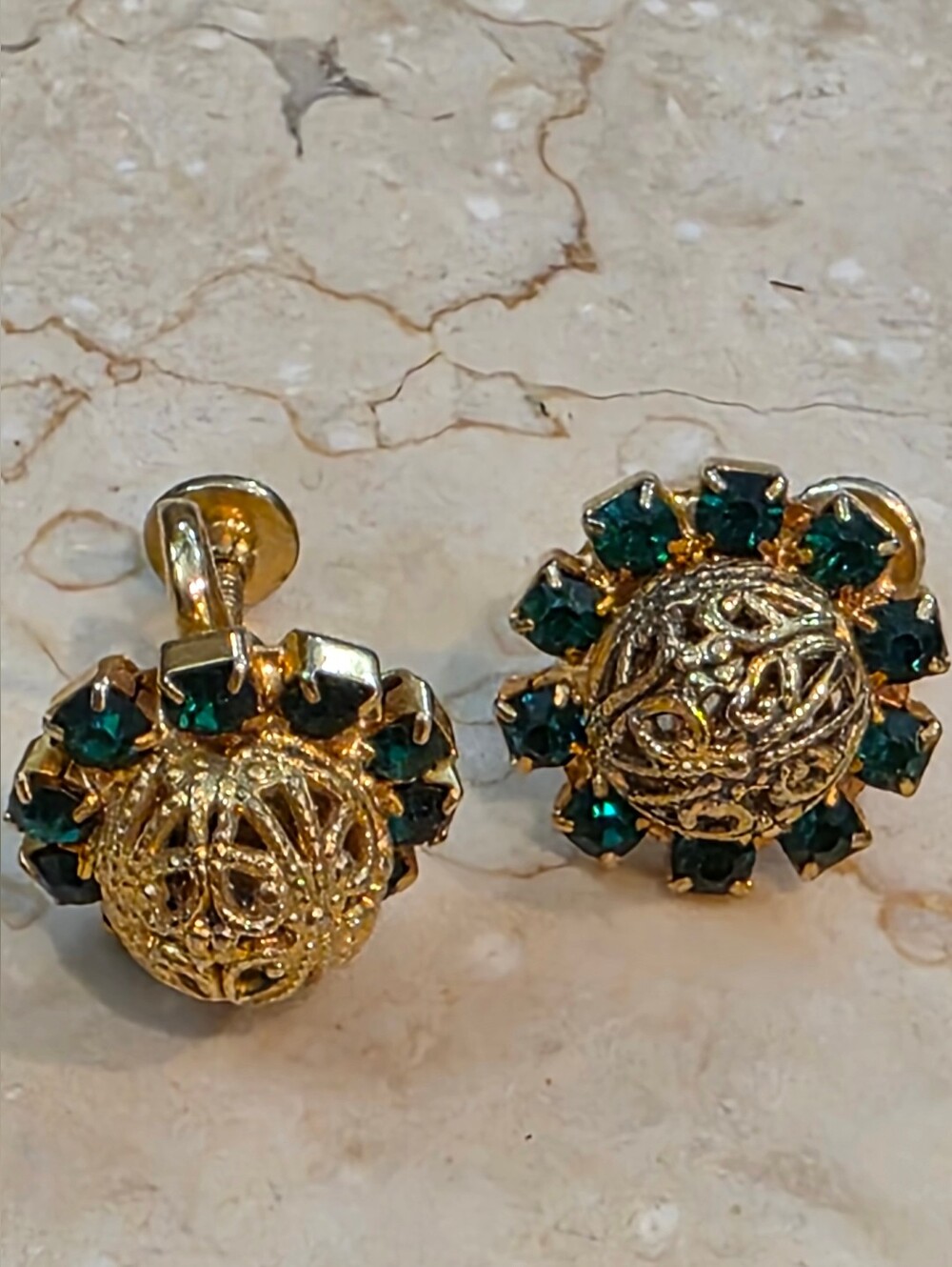 Gold Tone Emerald Crystal Filigree Ball Earrings - Women Jewelry